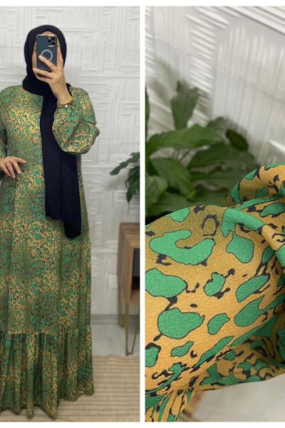 Renkli Leopar Tesettür Elbise  Yeşil