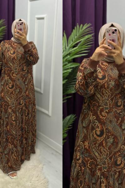 Şal Desen Elbise Kahverengi