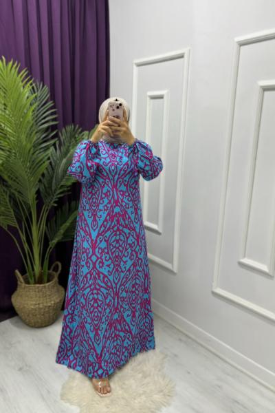 Şal Desen Elbise Mavi Pembe
