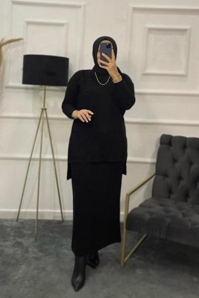 Sedef Tesettür Etekli Triko Takım Siyah