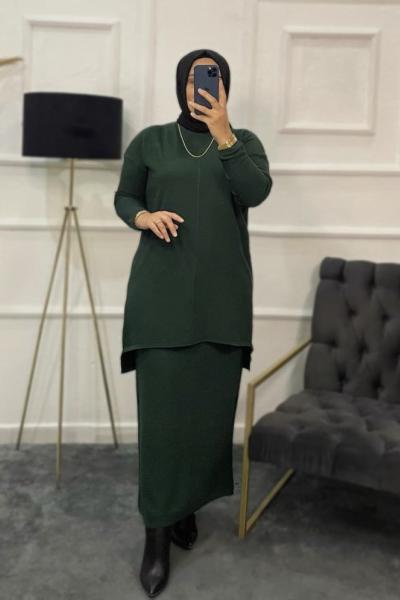 Sedef Tesettür Etekli Triko Takım Koyu Yeşil