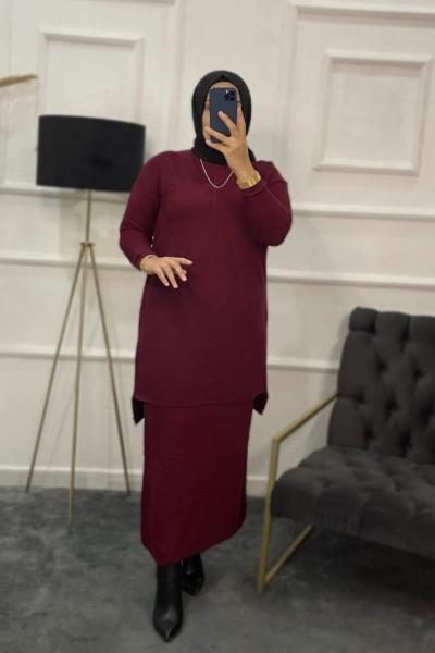 Sedef Tesettür Etekli Triko Takım Bordo