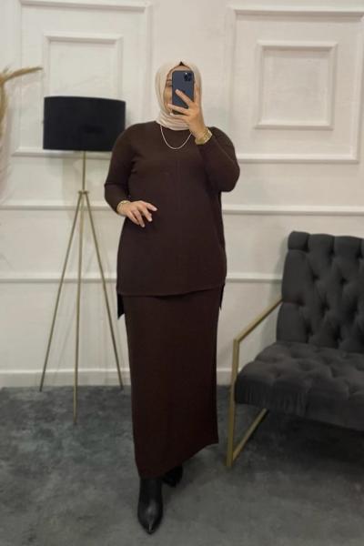 Sedef Tesettür Etekli Triko Takım Acı Kahve
