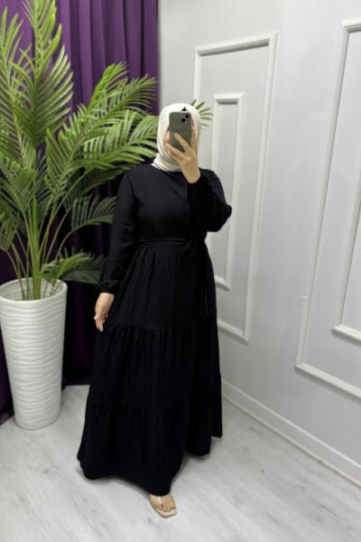 Sedefli Keten Elbise Siyah