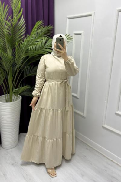 Sedefli Keten Elbise Krem