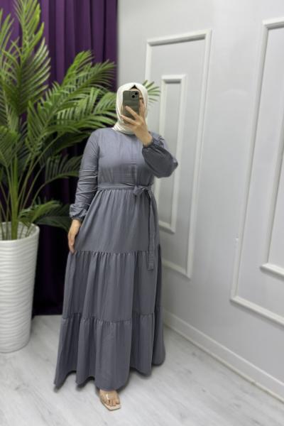 Sedefli Keten Elbise Gri
