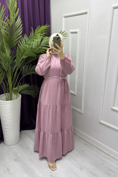 Sedefli Keten Elbise Pembe