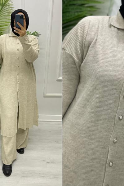 Selanik Örgü Uzun Takım Bej