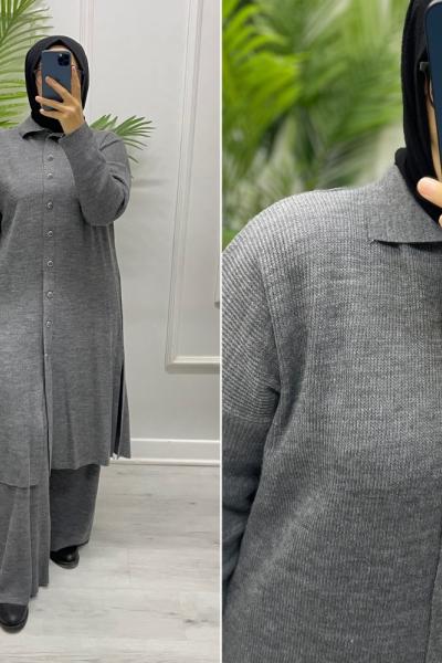 Selanik Örgüsü Uzun Takım Açık Gri