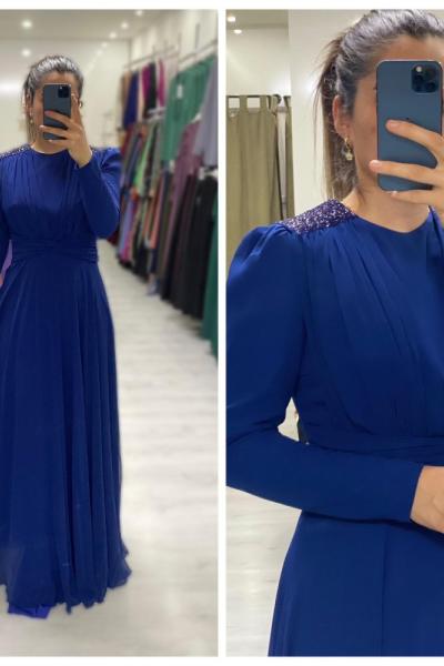 Şifon Tesettür Abiye  Saks Mavisi