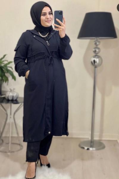 Siyah Tesettür Trenç Siyah