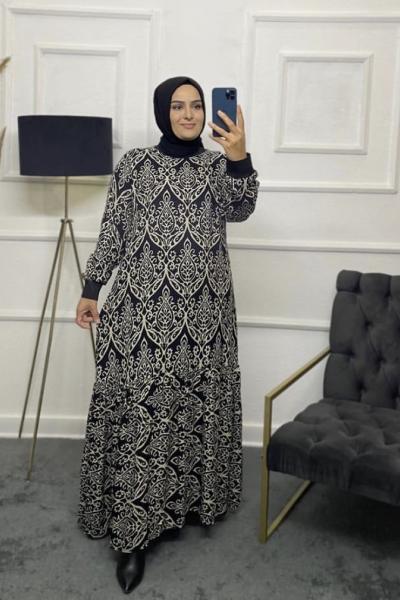 Sultan Su Tesettür Elbise  Siyah Beyaz