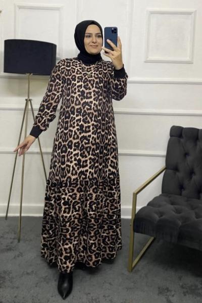 Sultan Su Tesettür Elbise  Siyah Kahverengi