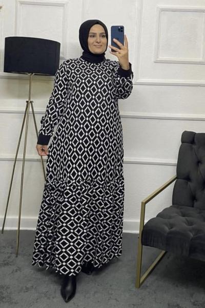 Sultan Su Tesettür Elbise  Beyaz Siyah