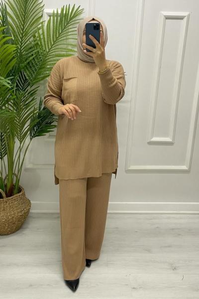 Tesettür Triko Takım Sütlü Kahve