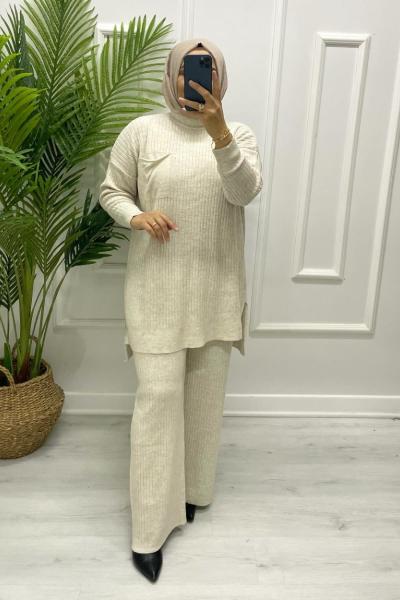 Tesettür Triko Takım Krem