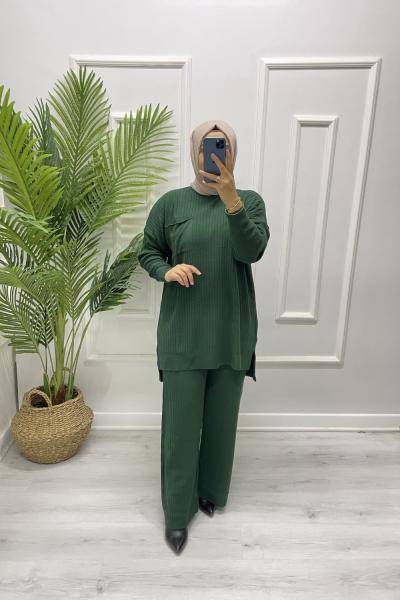Tesettür Triko Takım Koyu Yeşil