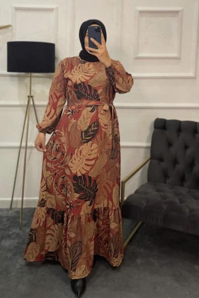 Tropikal Desen Elbise Bakır