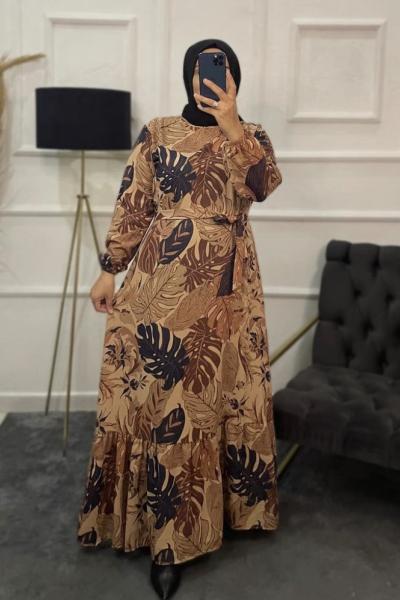 Tropikal Desen Tesettür Elbise Krem