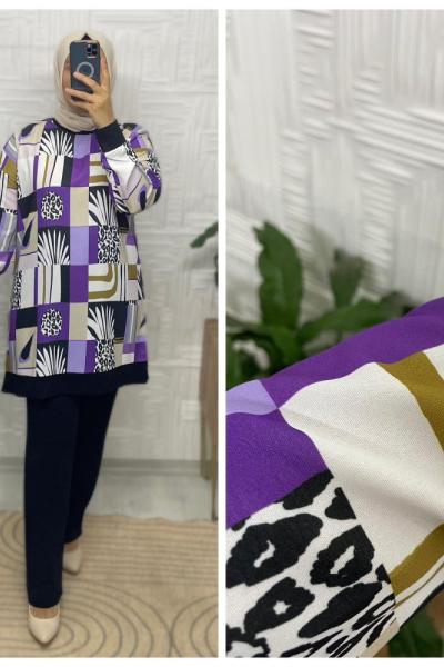 Tropikal Tesettür Takım Mor