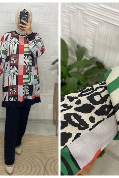 Tropikal Tesettür Takım Beyaz