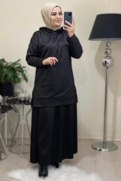 Tuba Tesettür Etekli Takım Siyah