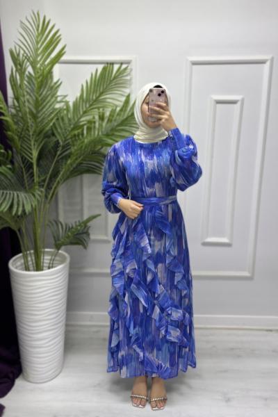 Uçuş Uçuş Şifon Elbise Mavi Ekru