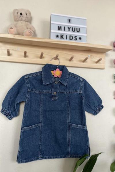 Uzun Kollu Kot Elbise Lacivert