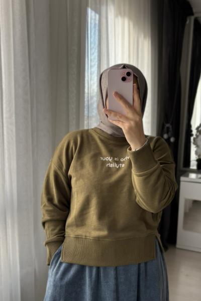 Yazılı Crop Sweat Yeşil