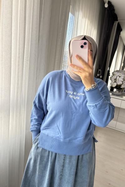 Yazılı Crop Sweat Gök Mavi