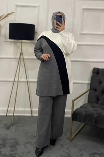 Zehra Triko Tesettür Takım Gri Siyah