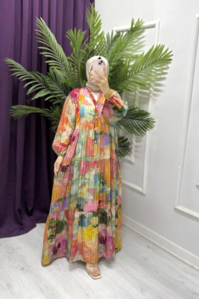 Zara Model Rengarenk Elbise Ekru Pembe